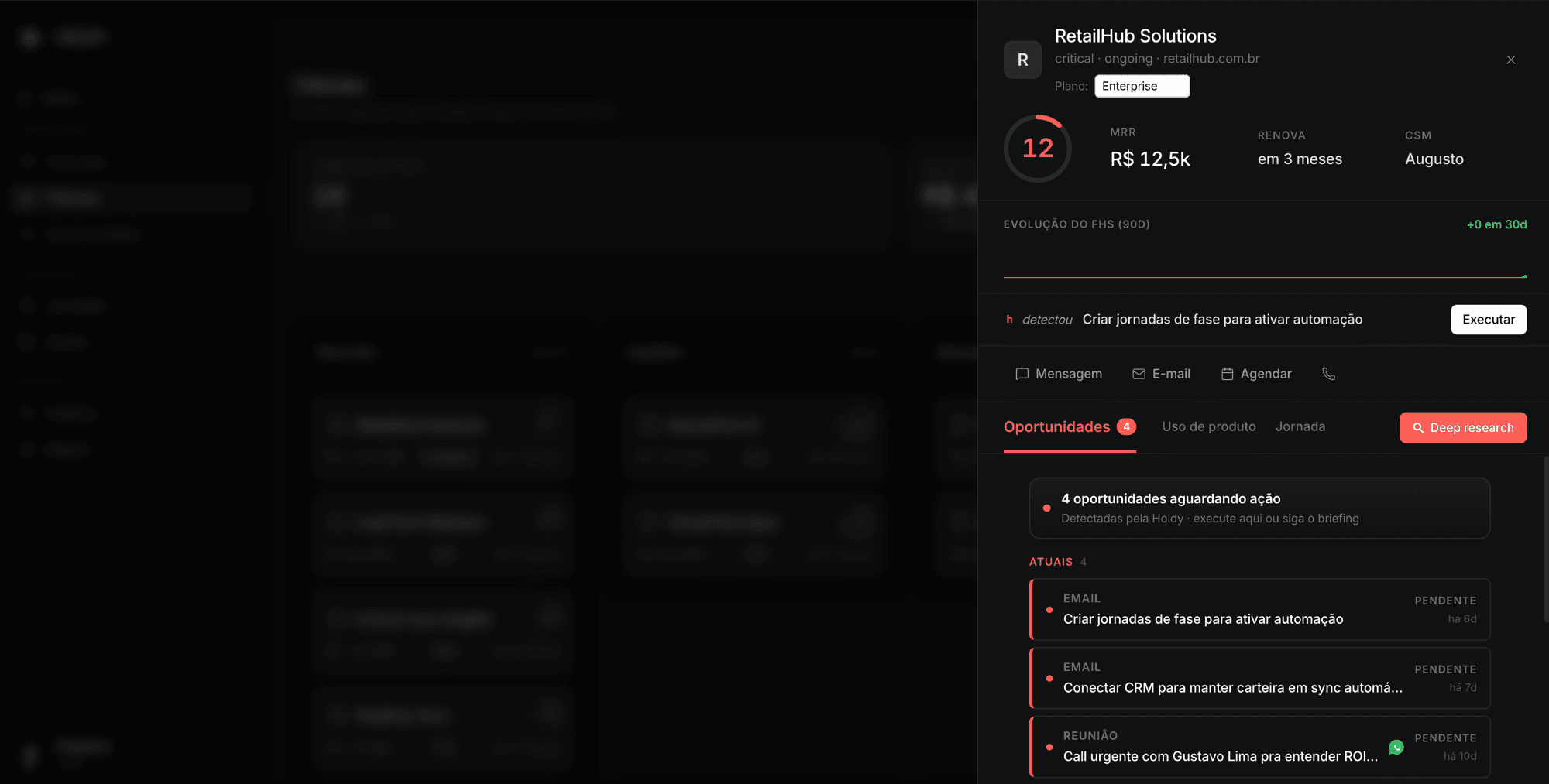 Holdy · painel do cliente com oportunidades detectadas